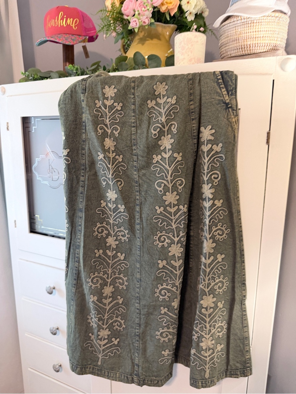 Young threads Embroidered Olive Midi Skirt with Cream Floral Detail